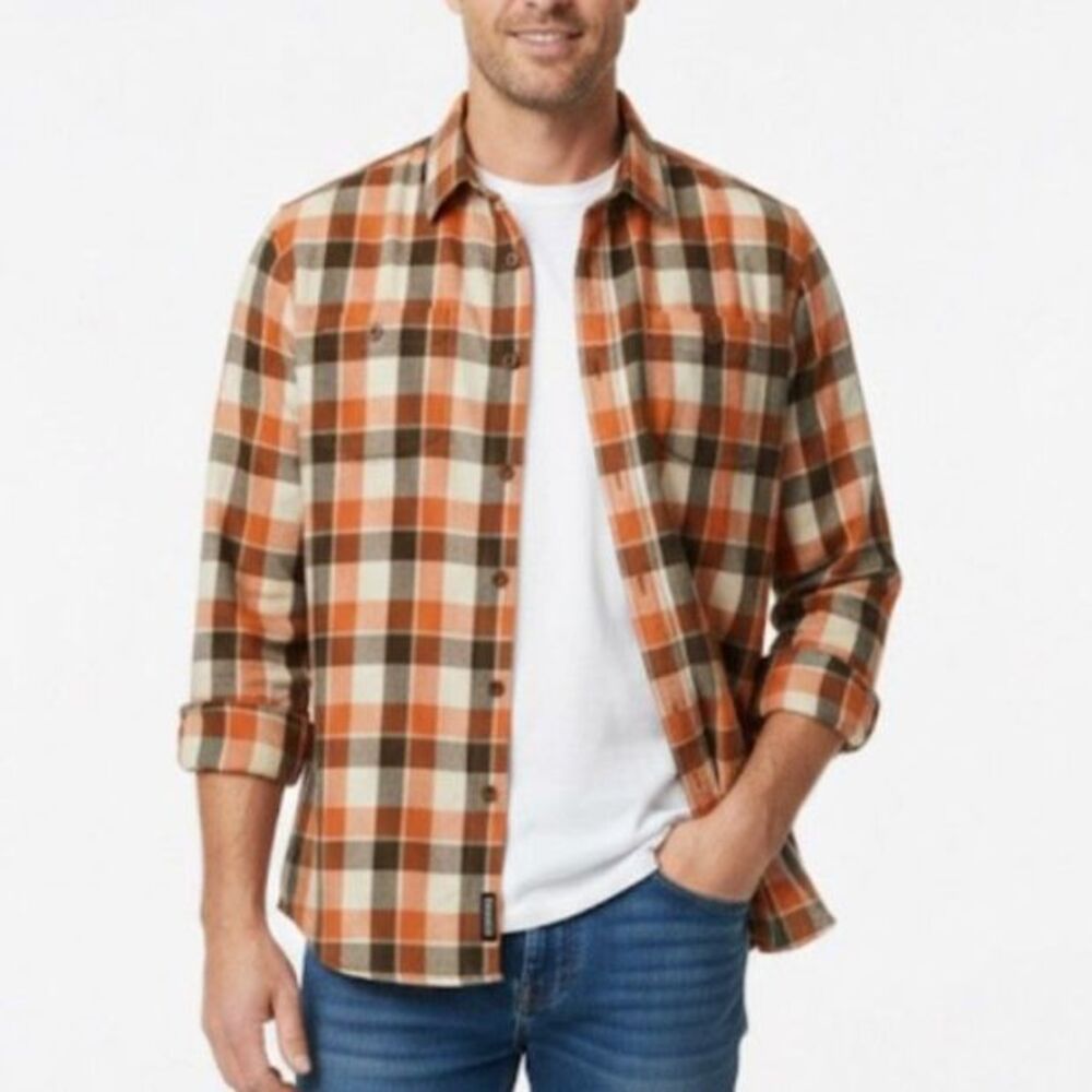 Prana Men's Orange Brown Ivory Plaid Los Feliz LS Button Up Flannel Shirt Size L